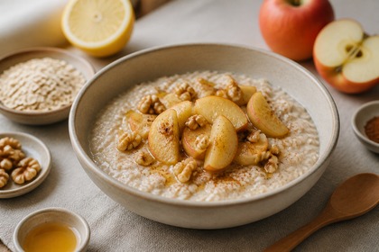Cremiges Hafer-Porridge mit gebratenen Apfelspalten und Walnüssen