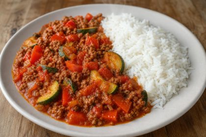 Durchgegarte Rinderhack-Gemüse-Pfanne mit Paprika, Zucchini und Tomaten, serviert mit Langkornreis