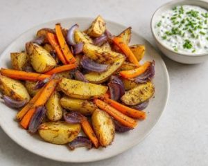 Goldbraune Rosmarin-Kartoffelspalten mit gebackenen Möhren, roten Zwiebeln und einer Schale Kräuterquark.