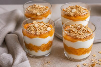 Schichtdessert aus Sanddorn-Apfel-Kompott, Joghurtcreme und Hafer-Mandel-Knusper