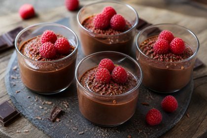 Dunkle Schokoladen-Chili-Creme mit frischen Himbeeren