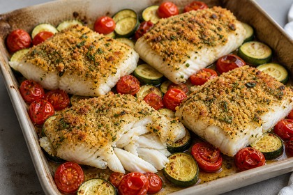 Gebackene Seelachsfilets mit Senf-Kräuterkruste, Zucchini und Tomaten