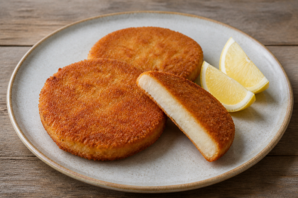 Goldbraun gebratene, panierte Sellerieschnitzel mit Zitronenspalten