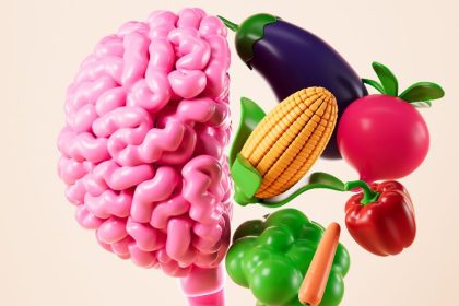 Illustration eines Gehirns mit Gemüse zum Thema Ernährung und psychische Gesundheit