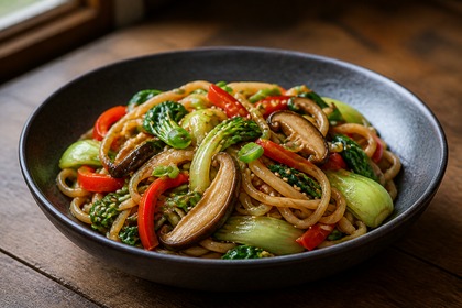 Gemüsenudel-Pfanne mit gebratenen Shiitake-Pilzen, Pak Choi, Brokkoli und Paprika