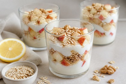 Skyr-Dessert im Glas mit Apfelwürfeln, Haferflocken und Walnüssen
