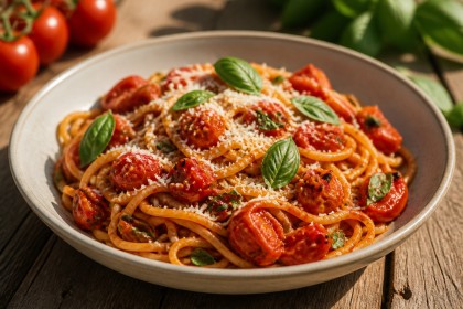 Spaghetti mit ofengerösteter Tomatensoße, Basilikum und Parmesan