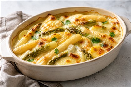 Gratin aus weißem und grünem Spargel, Kartoffeln und Gorgonzola