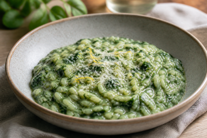 Cremiges Spinatrisotto mit Parmesan und feinen Zitronenzesten