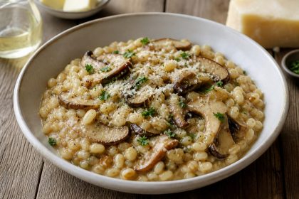 Cremiges Graupenrisotto mit gebratenen Steinpilzen und Petersilie