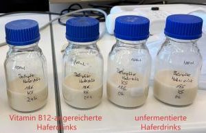 Vitamin-B12-angereicherte Haferdrinks nach Co-Fermentation links und unfermentierte Haferdrinks als Negativkontrolle rechts