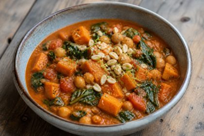 Süßkartoffel-Erdnuss-Eintopf mit Kichererbsen, Tomaten und Spinat