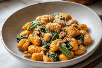 Süßkartoffel-Gnocchi mit Spinat, Salbei, Walnüssen und Parmesan