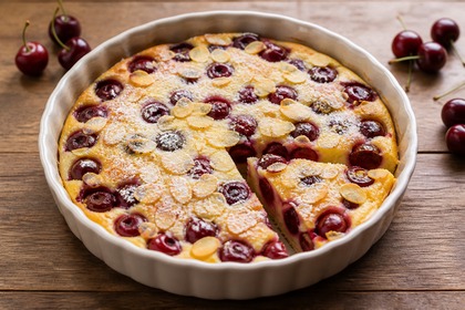 Goldbraunes Süßkirsch-Mandel-Clafoutis mit Mandelblättchen