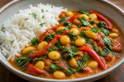 Mildes Tomaten-Curry mit verzehrfertigen Süßlupinen, Paprika, Spinat und Reis