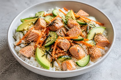 Sushi-Bowl mit durchgegarten Lachswürfeln, Reis, Gurke, Möhre und Avocado