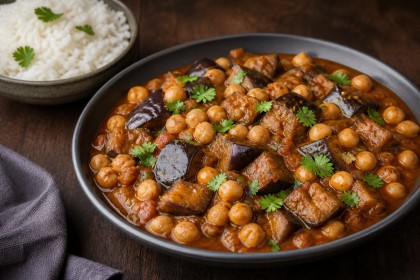 Tamarinden-Kichererbsen-Curry mit Aubergine und Basmatireis