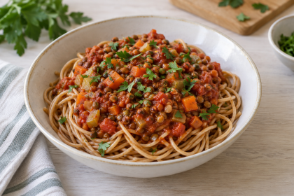 Vollkornspaghetti mit Tellerlinsen-Bolognese, Möhren und Sellerie