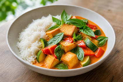 Rotes Kokos-Curry mit Tofu, Paprika, Zucchini, Jasminreis und frischem Thai-Basilikum