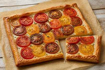 Blätterteig-Tarte mit reifen roten, gelben und dunklen Tomaten