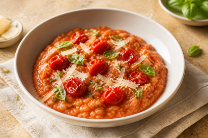 Cremiges Tomatenwein-Risotto mit gerösteten Kirschtomaten und Basilikum