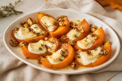Überbackene Kaki-Spalten mit Ziegenkäse, Walnüssen und Thymian