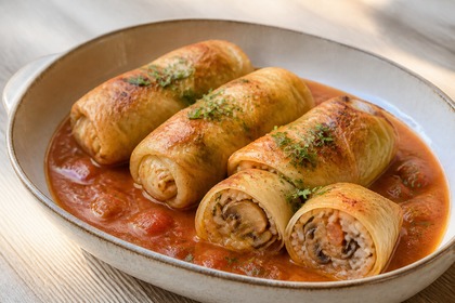 Vegetarische Weißkohlrouladen mit Reis-Gemüse-Füllung in Tomatensoße