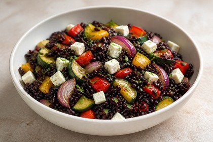 Schwarzer Venere-Reis-Salat mit Paprika, Zucchini, roten Zwiebeln und Feta