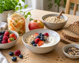 Joghurt mit Haferflocken und Beeren neben Vollkornbrot, Apfel und fermentiertem Gemüse