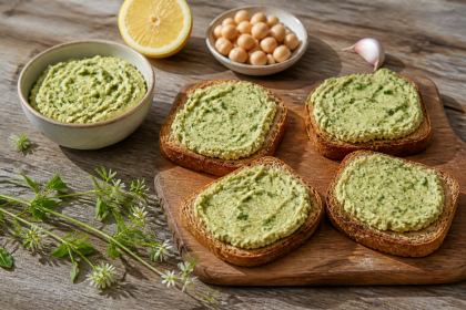 Grüner Kichererbsenaufstrich mit frischer Vogelmiere auf geröstetem Vollkornbrot