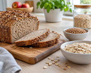 Aufgeschnittenes Vollkornbrot mit Haferflocken und ganzen Getreidekörnern auf einem Küchentisch