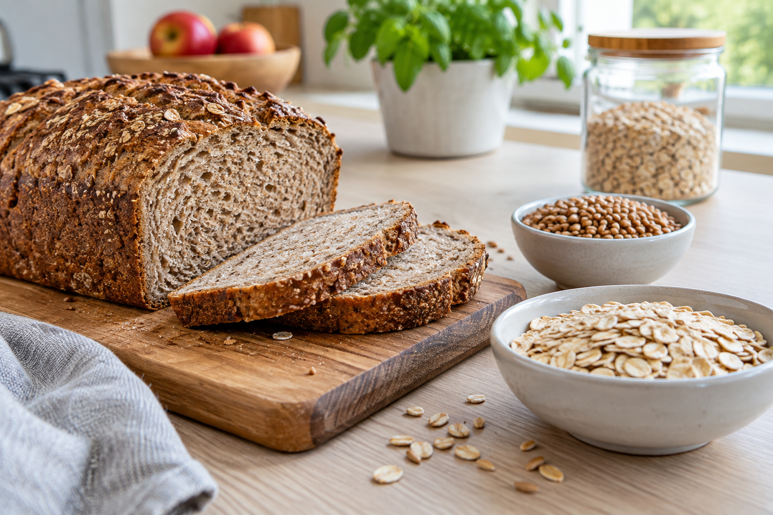 Aufgeschnittenes Vollkornbrot mit Haferflocken und ganzen Getreidekörnern auf einem Küchentisch