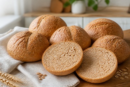 Frisch gebackene Vollkorn-Weizenbrötchen, zwei davon aufgeschnitten