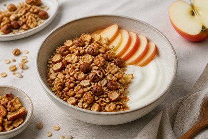 Goldbraunes Hafer-Granola mit Walnüssen, Haselnüssen, Joghurt und Apfelspalten