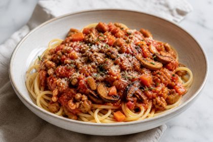 Spaghetti mit Tomatensoße aus Walnüssen, Pilzen und Wurzelgemüse