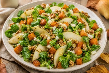 Warmer Herbstsalat mit Kürbis, Birne, Linsen, Feldsalat, Feta und Walnüssen