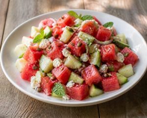 Wassermelonen-Gurken-Salat mit weißem Melonenrand, Feta, Minze und gerösteten Melonenkernen