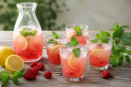 Beerenlimonade mit Zitrone, Eiswürfeln und Wasserminze
