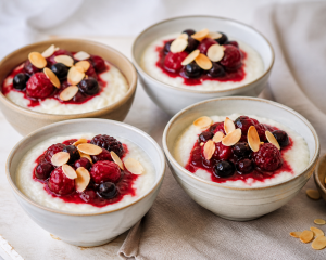 Cremiger Grießpudding aus Weidemilch mit Beerenkompott und Mandeln
