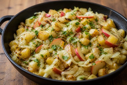 Weißkohlpfanne mit Kartoffeln, Apfel und Kümmel