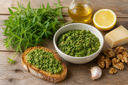 Grünes Wiesenlabkraut-Pesto mit Walnüssen, Hartkäse und geröstetem Brot