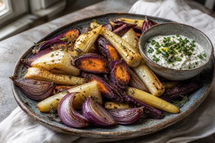 Geröstete Petersilienwurzel, Pastinake und violette Möhren mit Kräuterquark