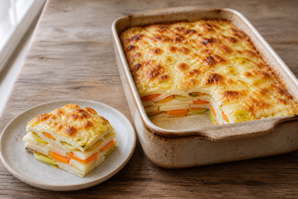 Durchgegartes Gratin aus Pastinaken, Petersilienwurzeln, Möhren, Lauch und Bergkäse