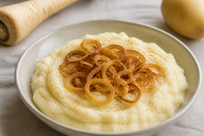 Cremiges Wurzelpetersilien-Kartoffel-Püree mit goldbraunen Röstzwiebeln