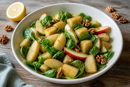 Warmer Feldsalat mit gerösteter Yacon, Apfelspalten und Walnüssen