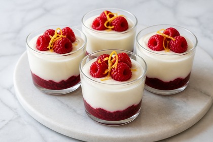 Yuzu-Joghurt-Dessert im Glas mit Himbeerkompott und frischen Himbeeren