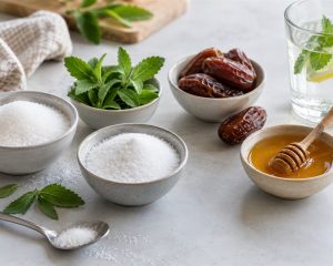 Zucker, kalorienarme Süßungsmittel, Steviablätter, Datteln und Honig