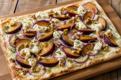 Knuspriger Flammkuchen mit Zwetschgen, roten Zwiebeln, Ziegenkäse und Walnüssen