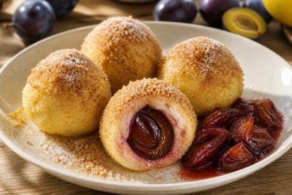 Zwetschgen-Quarkknödel mit Zimtbröseln und Kompott